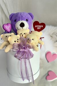 SOLE Premium Özel Hediye Kutusunda  25 cm Lila Ayıcık ve  5 adet Krem Peluş Minik Ayıcık Buketi
